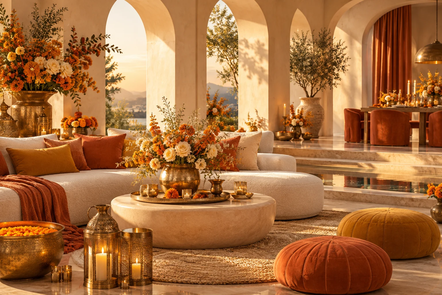 3D concept illustration of an intimate celebration with sculptural florals, brass details, and warm cream arches