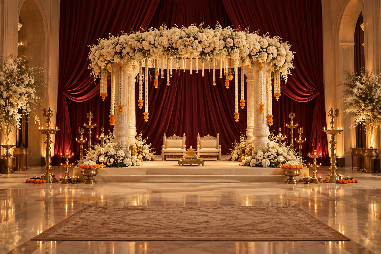 An Indian-inspired celebration design with an ivory floral mandap, brass lamps and burgundy drapery