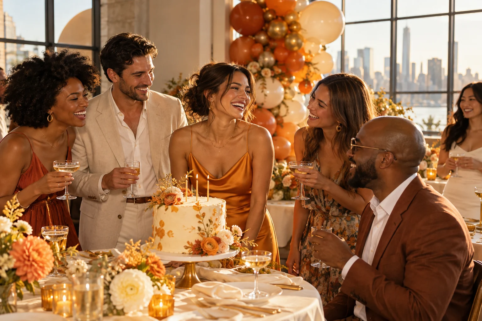 Concept image: A contemporary birthday celebration with guests, a cake, and orange-and-cream decor