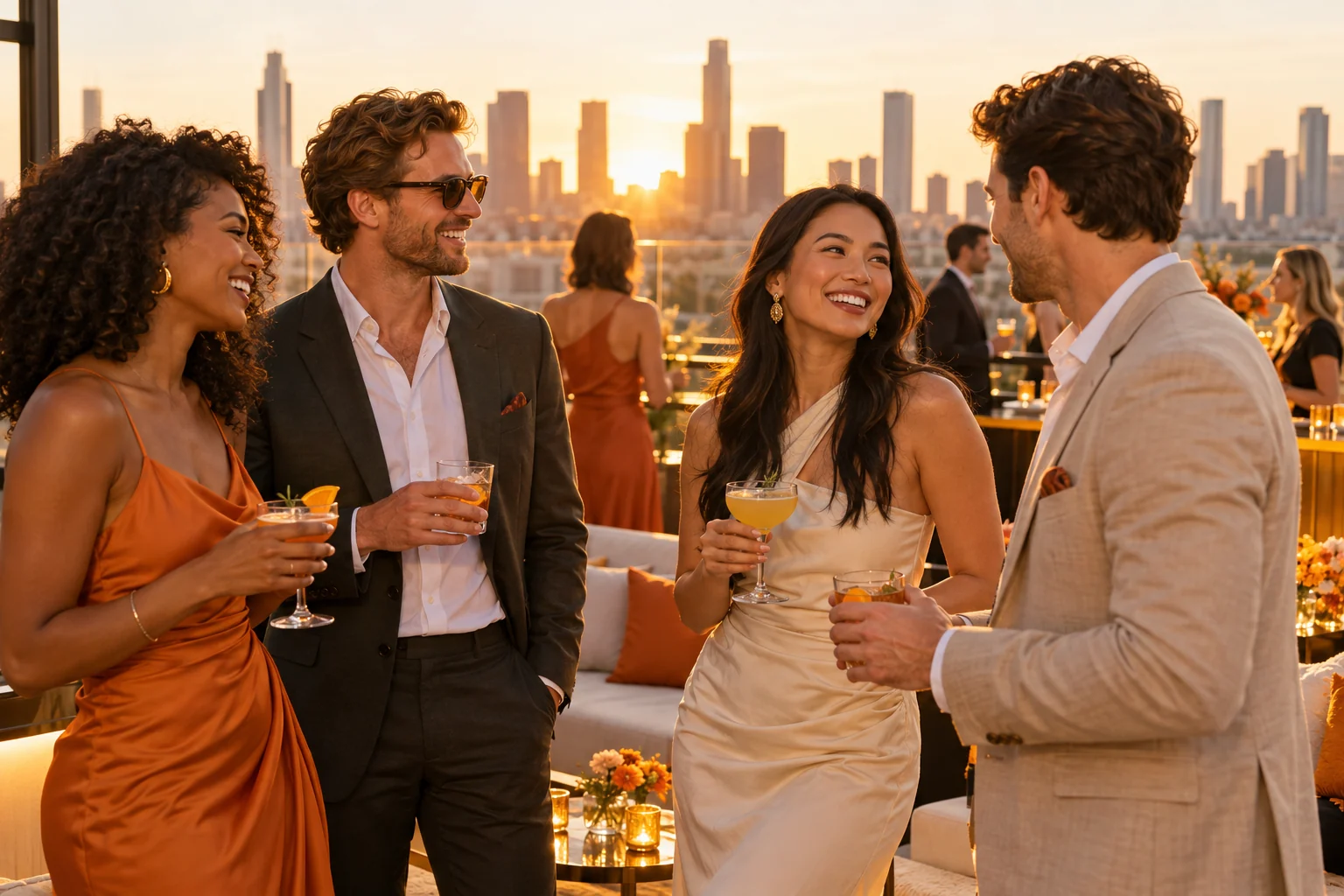 Concept image: Guests enjoying a modern rooftop cocktail celebration at golden hour