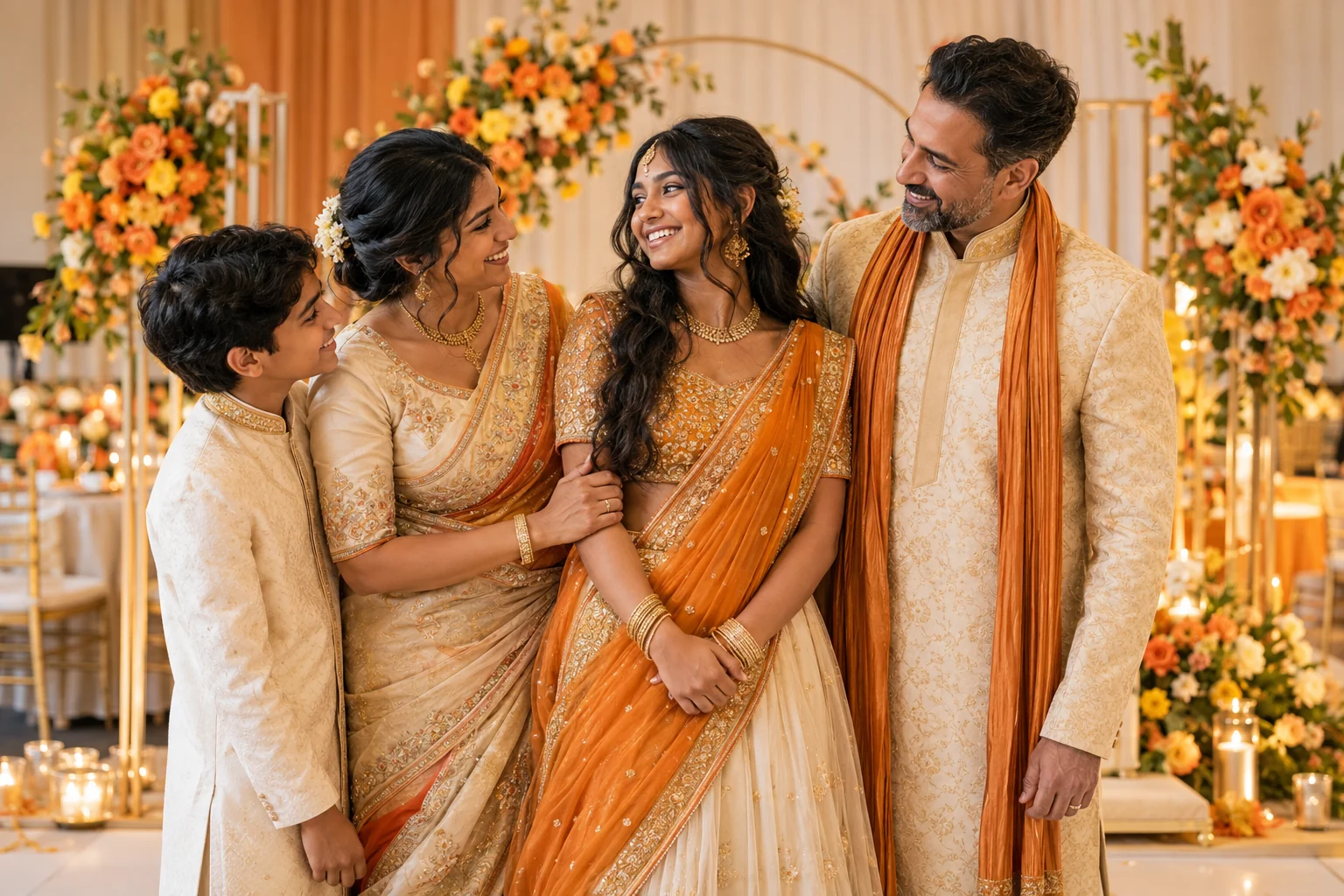 Concept image: A family celebrating a half-saree and Sweet Sixteen milestone in a modern event venue