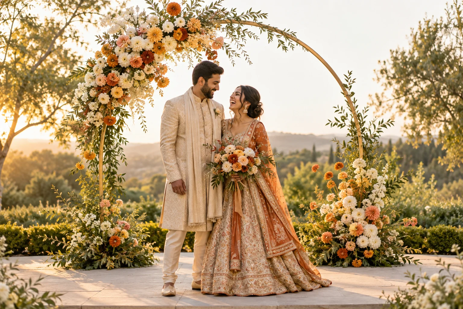 Concept image: A modern South Asian wedding couple celebrating in a garden venue